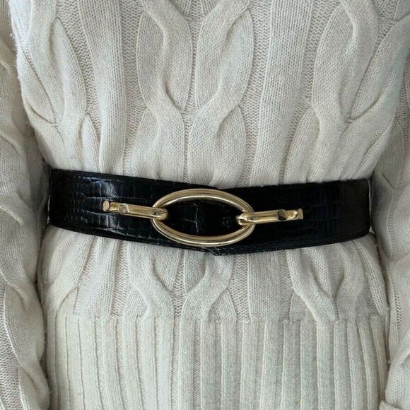 Vintage Avignon Black Leather Croc Embossed Wide Waist Belt Made in France Sz M - Picture 2 of 3